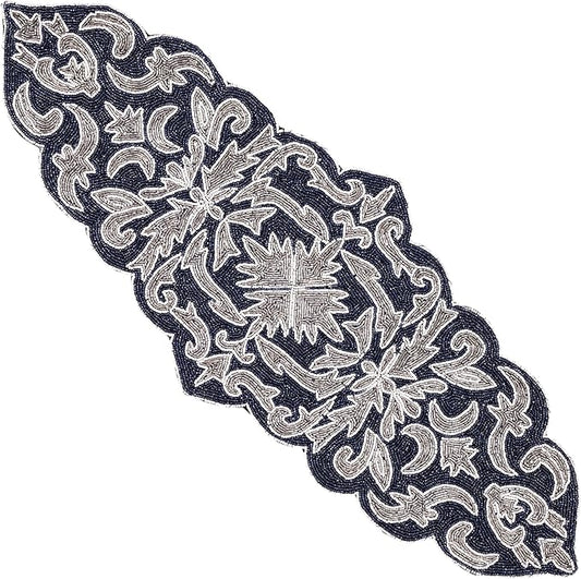 Decorative Beaded Table Runner - 36" Glass Beads & Polyester Table Runner Ideal for Dining, Décor, Luxury Table Centerpiece for Weddings, Holidays & Modern Home Accents (Blue Silver) - CLEENTABLE