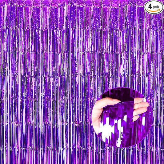 4 Pack Purple Foil Fringe Curtain Backdrop, 3.28Ft x 8.2Ft Metallic Tinsel Foil Fringe Streamer for Party, Photo Booth Props, Birthday, 2022 Graduation Decoration Party Supplies