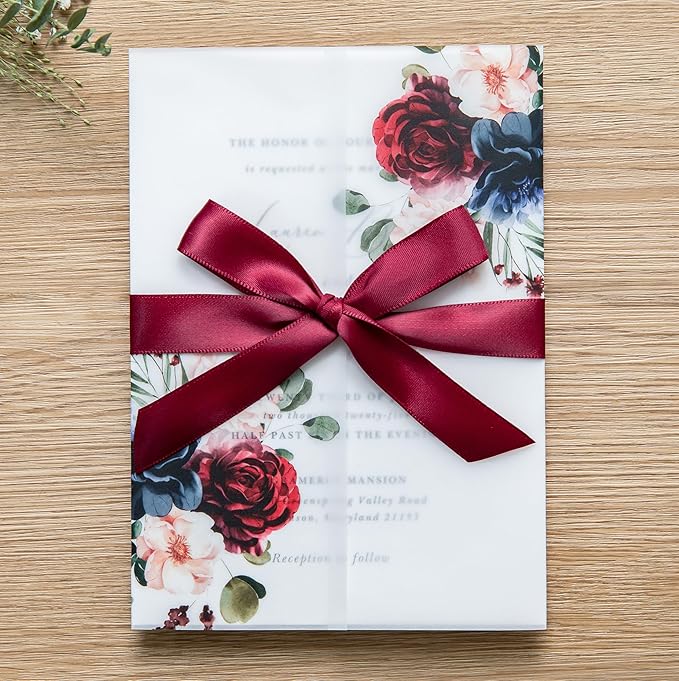 PONATIA 50 PCS 135gsm Vellum Jackets for 5x7 Invitation Cards - Burgundy and Navy Blue Flowers Printed Vellum Sleeves, Wedding Invitation Cards Wraps, Transparent Christmas Gift Cards Jackets