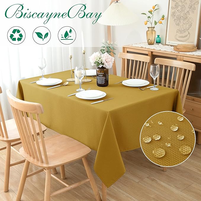 Biscaynebay Textured Fabric Rectangle Christmas Tablecloths 70x120 Inch, Gold Water Resistant Tablecloths for Dining, Kitchen, Wedding, Parties etc. Machine Washable