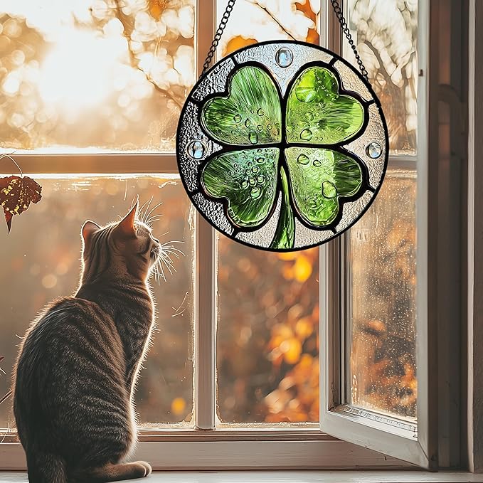 Stained Glass Window Hanging, Green Silver 4 Leaf Clover Sun Catcher for Window Door Home Decor Plant Suncatcher Christmas Mother's Day Birthday Gifts for Women Men Mom Nana 9.8 in