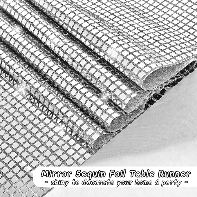 Durony 4 Pack Disco Party Table Runners, 11 x 108 Inch Silver Glitter Foil with Sparkle Sequin, Ideal for Bachelorette, 70s, Disco, Cowgirl Parties