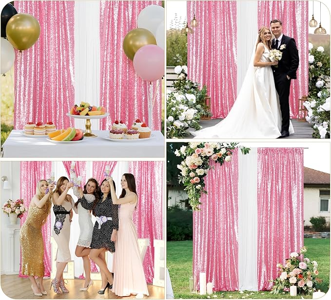 Juya Delight 2Pcs 2FTx8FT Pink Sequin Backdrop Curtains Fuchsia Pink Glitter Backdrop for Party Birthday Wedding Decoration