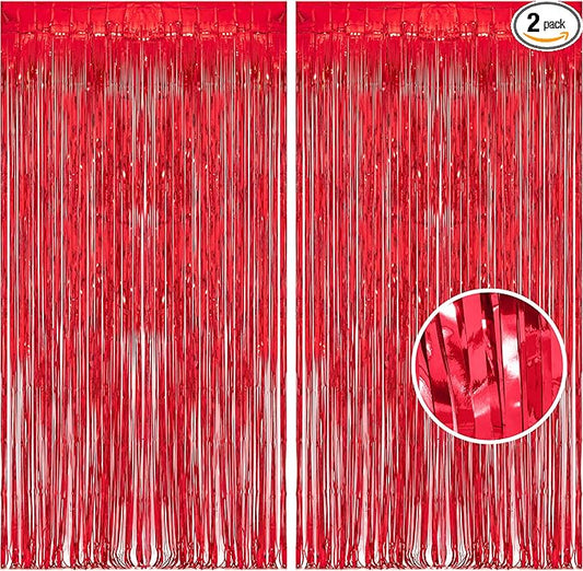 Foil Fringe Curtain Christmas Party Decorations - Red Metallic Tinsel Photo Booth Backdrop Party Steamers Curtains for Christmas New Years Valentines Engagement Celebration Party