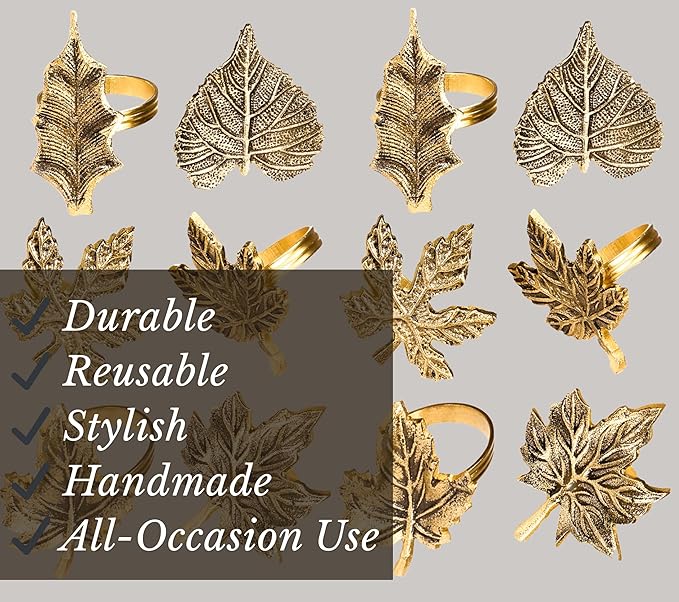 6-Piece Metal Napkin Rings - Antique Gold Harvest Leaf Napkin Rings - Decorative Table Accents for Holiday Party, Dinner, Family Gatherings, Table Décor Weddings & Everyday Use - ALPHA Living HOME