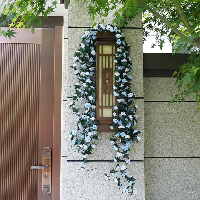12 PCS 98.4 FT Artificial Flower Garland Rose Garland for Wedding Room Decor（12,Light Blue）