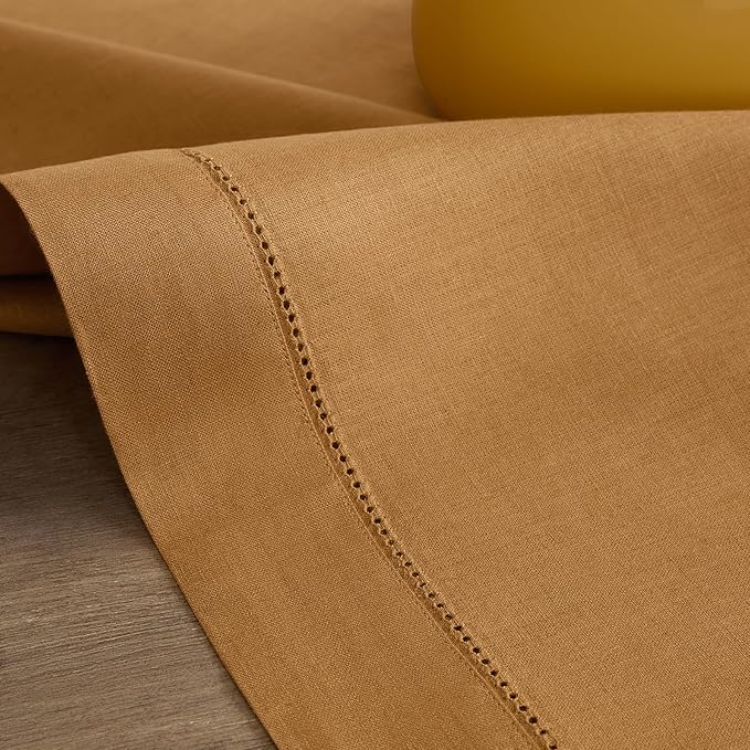 Solino Home Linen Brown Sugar Table Runner 120 Inches Long - 100% Pure Linen 14 x 120 Inch Table Runner for Fall, Autumn, Thanksgiving - Classic Hemstitch