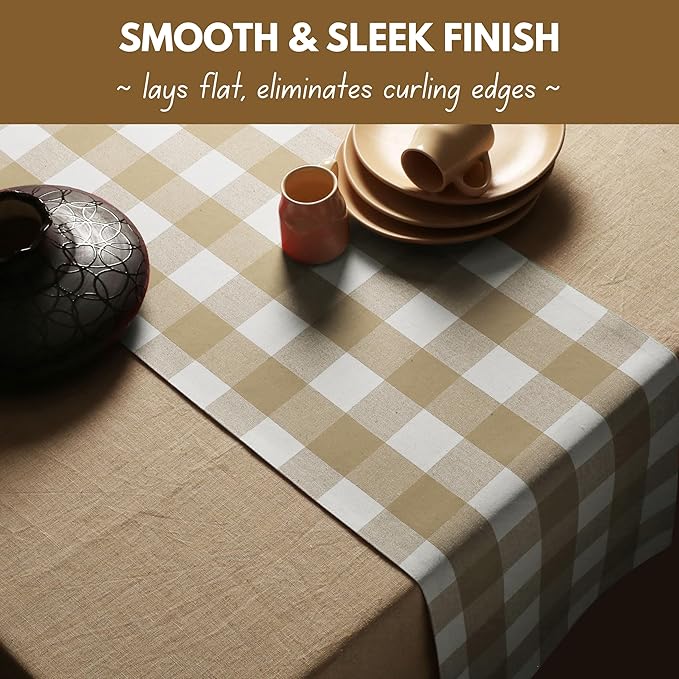 Native Fab Buffalo Check Table Runner 100% Cotton - 13x72 Inches Plaid Dining Table Decoration for Indoor Outdoor Farmhouse Home Party Decor - Beige and White