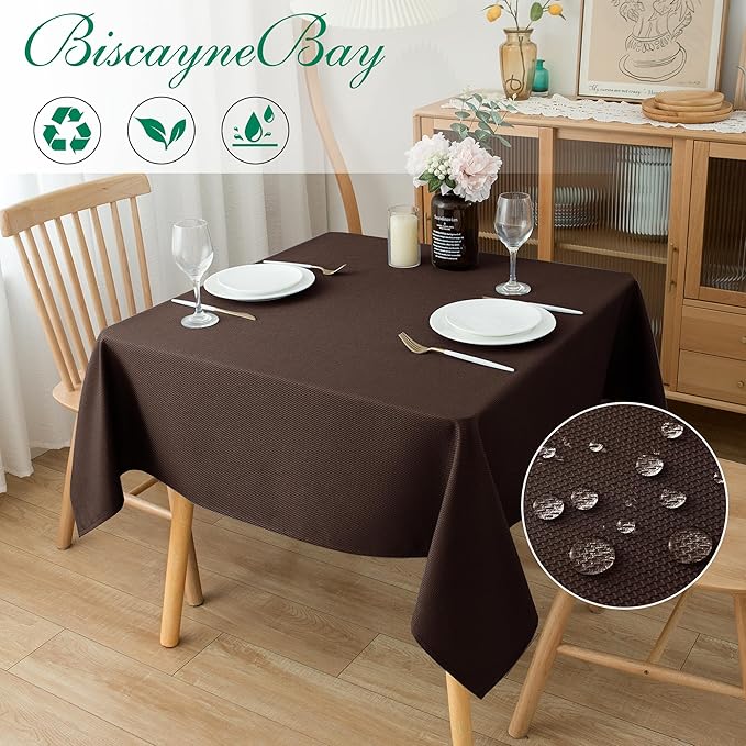 Biscaynebay Textured Fabric Square Tablecloth 70x70 Inch, Brown Water Resistant Card Table Cloth Folding Table Cover for Dining, Kitchen, Wedding and Parties etc. Machine Washable