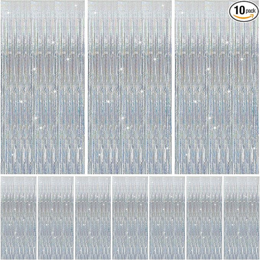 10 Pack Silver Tinsel Foil Fringe Curtains Party Decorations Streamers for Christmas Birthday Bachelorette Party Wedding Baby Shower Decor