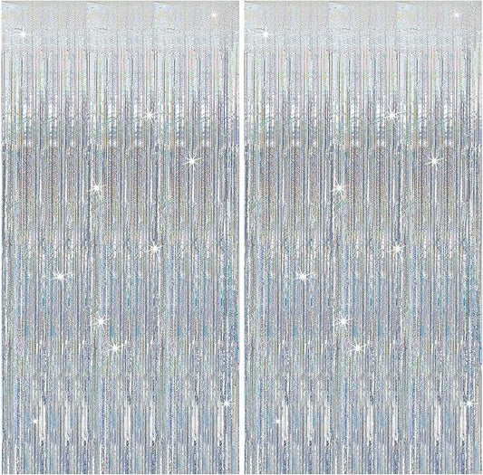 2 Pack Silver Glitter Backdrop Party Decorations Tinsel Streamers Foil Fringe Curtains Shimmer Wall Backdrop Christmas Birthday Bachelorette Party Wedding Decor Supplies