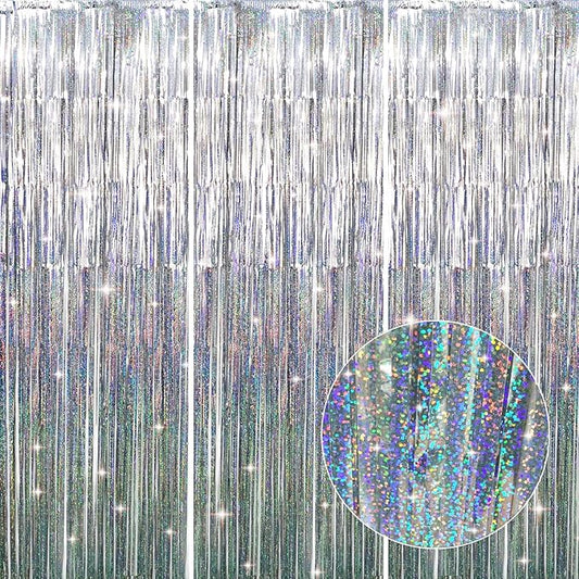 GOER 3.2 ft x 8.2 ft Metallic Tinsel Foil Fringe Curtains Party Photo Backdrop Party Streamers for Birthday,Graduation,New Year Eve Decorations Wedding Decor (3 Pcs, Shiny Silver)