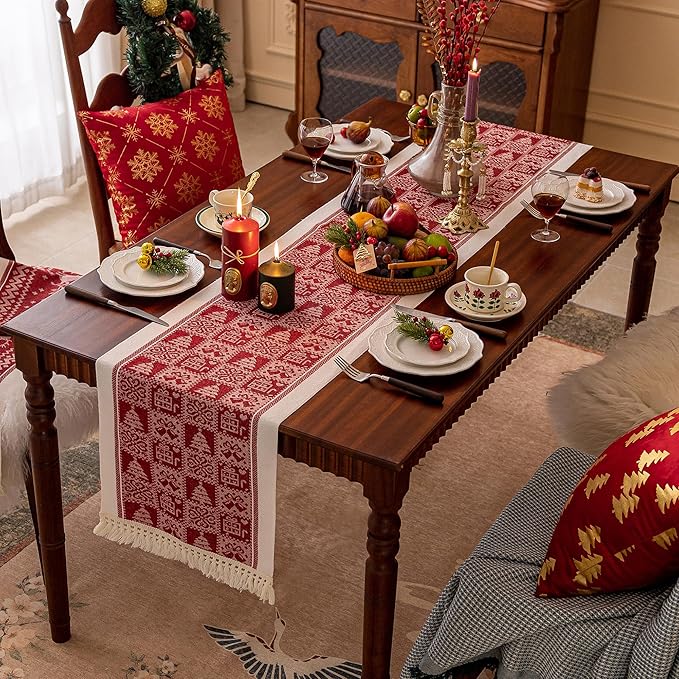 Table Runners 138 Inches,Christmas Tree Table Runner with Tassel Fringe,Gift Table Runner for Party，Coffee Table, Festival
