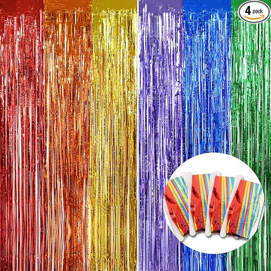 BEISHIDA 4 Pack Rainbow Streamers Fringe Foil Curtain Backdrop, Tinsel Curtain Wall Door Party Streamers for Birthday Party Decoration(3.28 ft x 6.56 ft)