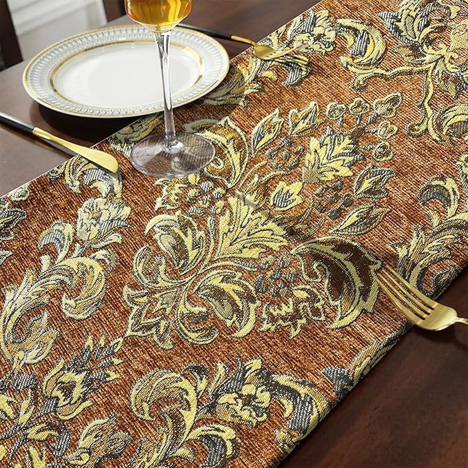 Deluxe Embroidered Table Runner 84" Decoration for Wedding Reception Banquet Meeting Tables Caramel