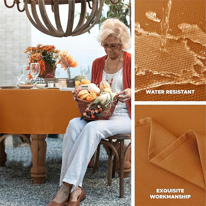 Biscaynebay Fall Tablecloth Textured Fabric 90x132 Inch Rectangular, Bronze Thanksgiving Autumn Harvest Water Resistant Fabric Tablecloths for Kitchen, Dining, Wedding, Parties Machine Washable