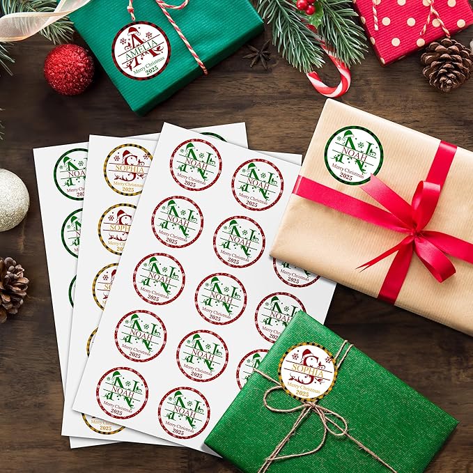 CALLIE Personalized Christmas Stickers with Custom Name, Waterproof Custom Christmas Name Tags Stickers, Peel and Stick Christmas Gift Tags (Christmas Monogram)