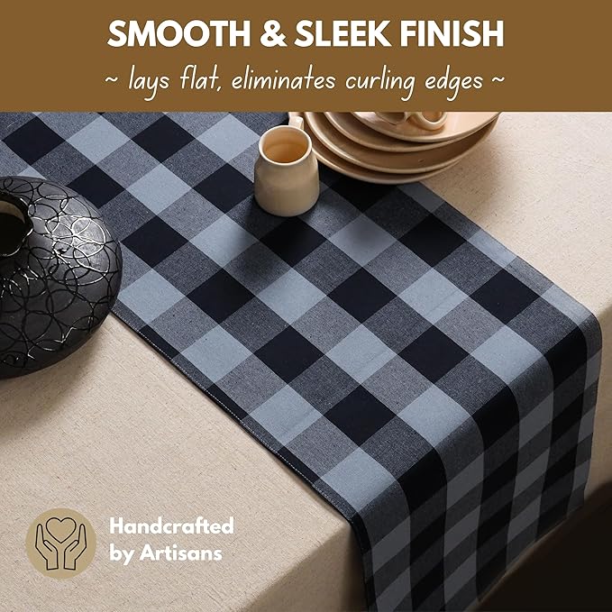 Native Fab Table Runner Buffalo Check Plaid 100% Cotton - 13x90 Inches Kitchen Dining Table Decoration for Indoor Outdoor Farmhouse Home Party Decor - Black, Grey