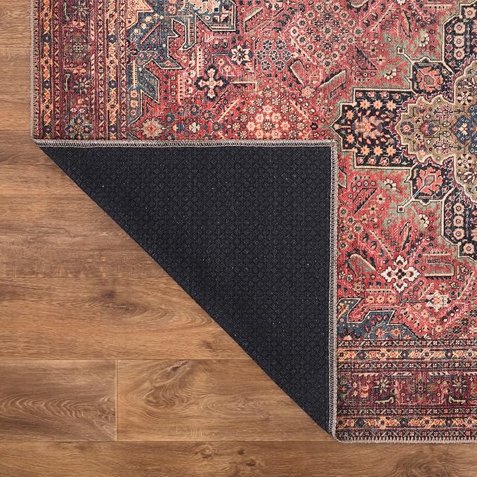 Bloom Rugs Washable Non-Slip 2' x 3' Rug - Red/Teal Blue/Yellow Traditional Medallion Area Rug for Living Room, Bedroom, Dining Room, and Kitchen - Exact Size: 2' x 3'