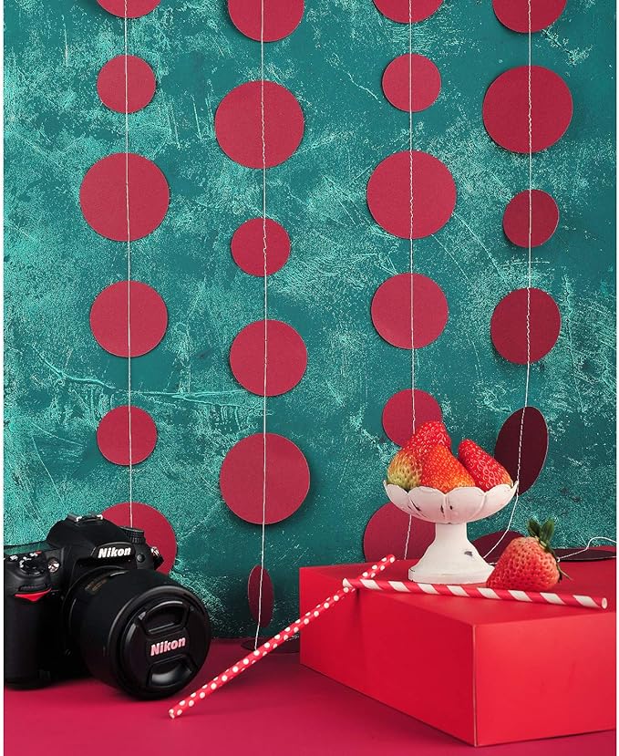 Burgundy Paper Garland Circle Dot Party Banner Wall Streamers Backdrop Ceiling Hanging Decorations, 20 Feet in Total