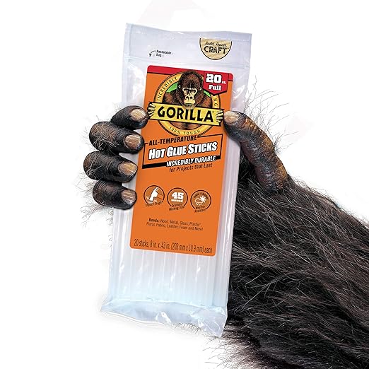 Gorilla Hot Glue Sticks, Clear Glue, Full Size 8" Long x 0.43" Diameter, 20 Count (Pack of 1) - Safe for All Temperatures with Extended Working Time