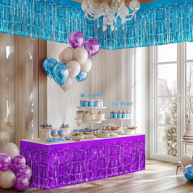 2 Pack Lake Blue Dark Purple Table Skirts, 29x108" Metallic Foil Tinsel Fringe Table Skirt for Rectangle Tables Streamer Curtains Backdrop, Party Decorations for Birthdays, Weddings, Holidays