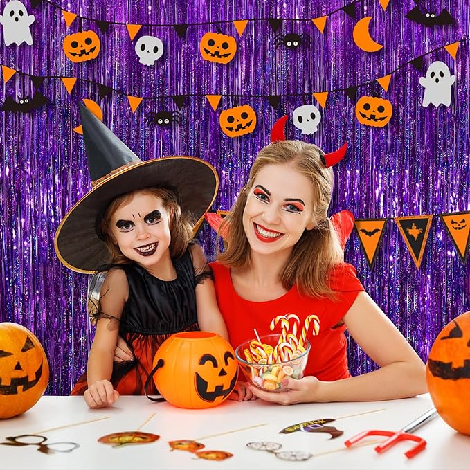 Purple Metallic Tinsel Foil Fringe Curtains, 2 Pack 3.3x8.3 Feet Party Streamer for Birthday Party Decorations, Halloween Decor, Foil Curtain Backdrop for Bachelorette Party