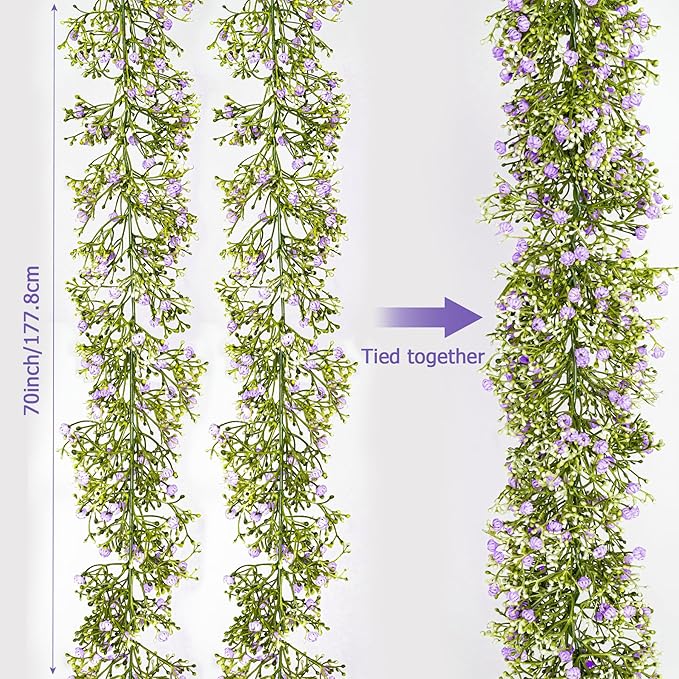 Artificial Baby Breath Flower Vines, Babys Breath Artificial Flowers Real Touch Faux Gypsophila Hanging Fake Baby's Breath Garlands for Wedding and Baby Shower Decor 2Pcs 5.8ft（Purple）