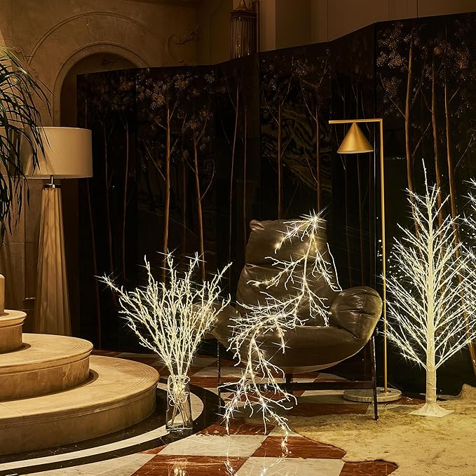 BAOLITVINE Lighted White Twig Branches 32IN 200 Warm White Fairy Lights, Lighted Willow Branches Plug in with Timer, Dimmer for Home Bedroom Fireplace Christmas Decoration Inside Outdoor