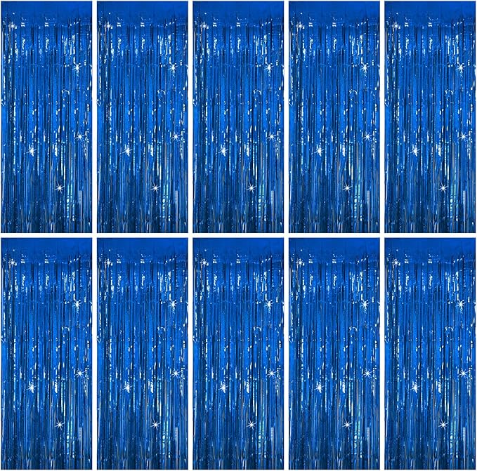 Tinsel Curtain Party Backdrop Blue Birthday Decorations 10 Packs Glitter Foil Fringe Curtain Party Decor Streamers Photo Booth for Birthday Christmas Wedding Halloween Graduation Decorations