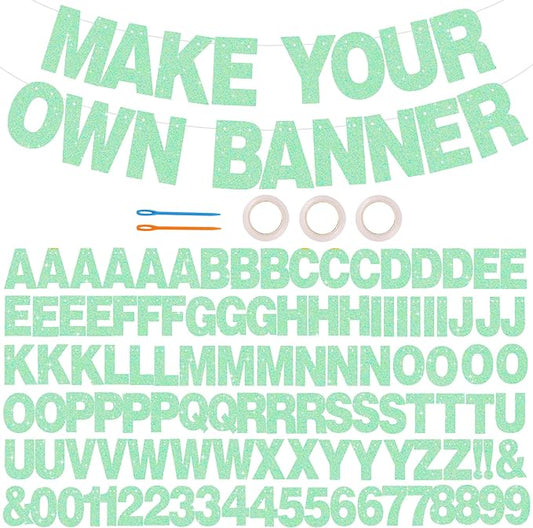 BEISHIDA 116 PCS Glitter Light Green DIY Letter Banner Kit Make Your Own Banner，Including 111 Letters and Numbers 3 Rope and 7 Threading Device,Customized for Birthday Graduation Wedding Party Decor