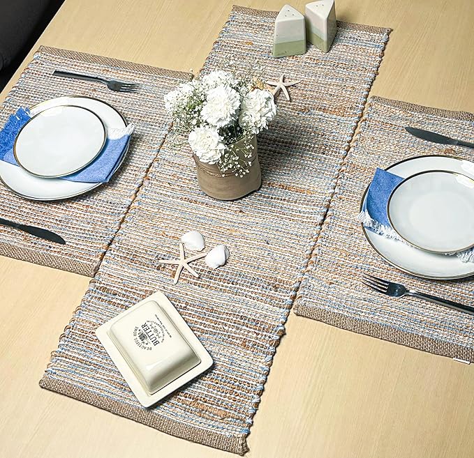 Chardin home Natural Jute Table Runner 13x48 Inch – Vintage Boho Rustic Table Decor – Handwoven Table Runner in Natural Jute and Sky Blue-White – Farmhouse Dining or Console Table Accent