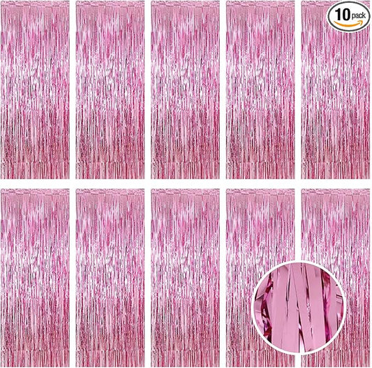 10 Pack Pink Foil Curtain Backdrop 3.2ft x 9.8ft Metallic Tinsel Foil Fringe Curtains Streamer Photo Booth Backdrop for Birthday Party Engagement Bachelorette Party Decorations (Pink)