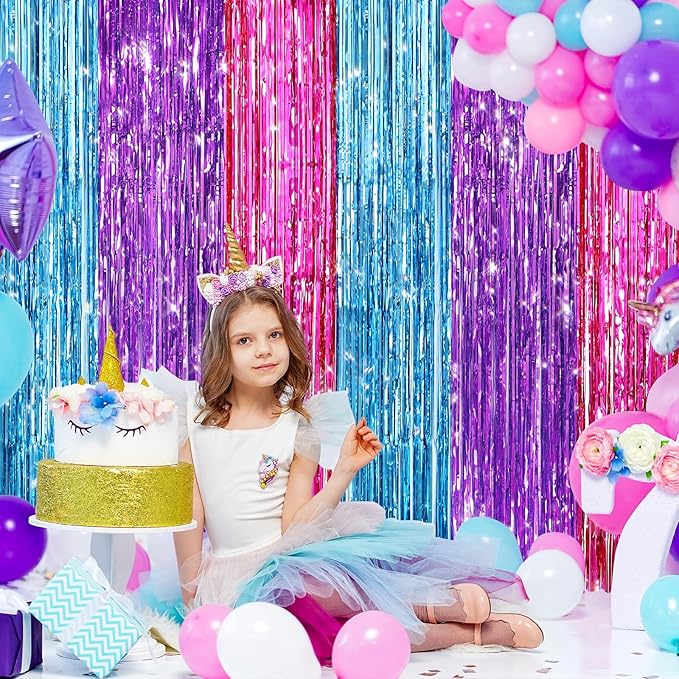 2 Pack Blue Purple Pink Metallic Tinsel Foil Fringe Curtains, Door Streamers Photo Booth Backdrop for Birthday Party, Tinsel Curtain Backdrop for Baby Shower Bachelorette Christmas Party Decorations
