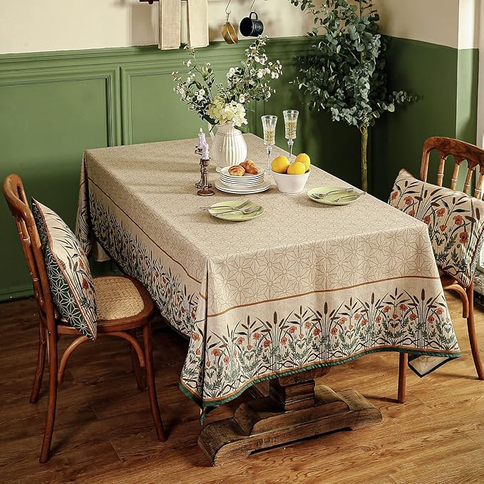 patdrea Designer Linen Vintage Long Table Cloth for Rectangle Table,Light Brown Durable French Floral Tablecloth,Decor Cover for Kitchen Dining,Christmas,Thanksgiving,Party,63"x94"-Cudillero