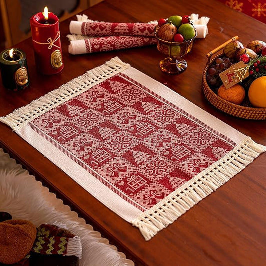 Placemats Set of 4,Christmas Tree Placemat with Tassel Fringe,Gift Placemats for Coffee Table Western Restaurant
