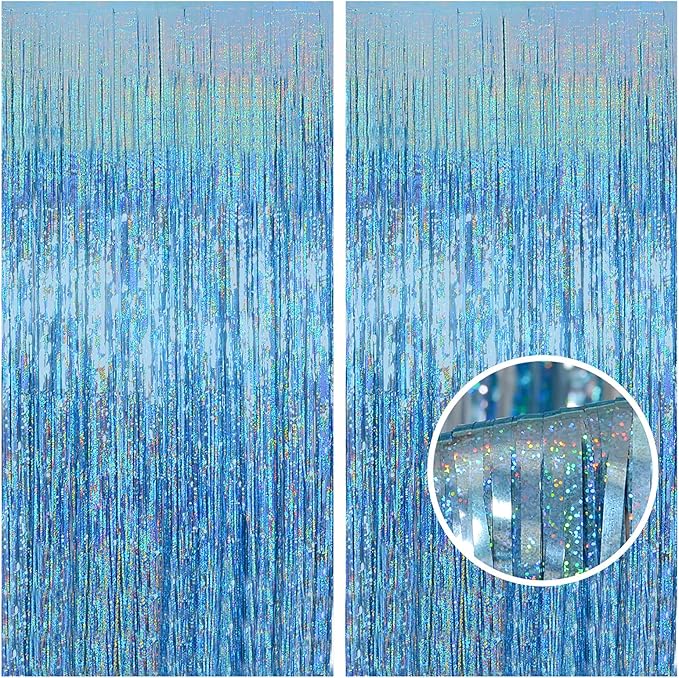 Melsan 2 Pack 3.2 ft x 8.2 ft Tinsel Foil Fringe Curtains Backdrop, Sparkle Metallic Foil Curtains for Party Photo Booth Props Baby Shower Memaid Decoration, Light Blue