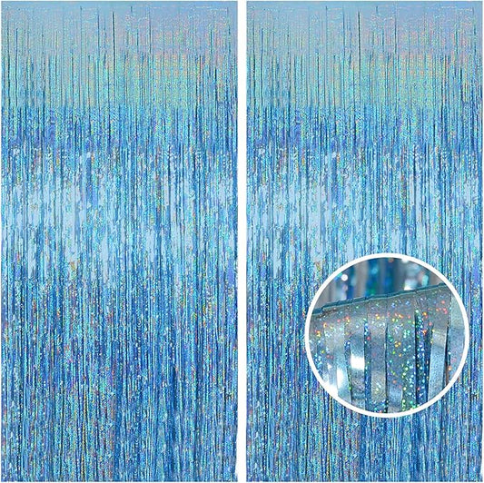 Melsan 2 Pack 3.2 ft x 8.2 ft Tinsel Foil Fringe Curtains Backdrop, Sparkle Metallic Foil Curtains for Party Photo Booth Props Baby Shower Memaid Decoration, Light Blue