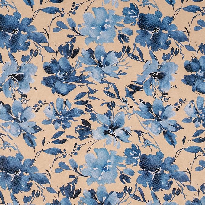 RUSPEPA Blue Floral Wrapping Paper Roll, 17 in x 16.4 ft, Mini Roll, Indigo Gift Wrap, Watercolor Flower Kraft Wrapping Paper Roll for Girls, Women, Spring, Wedding and Birthday