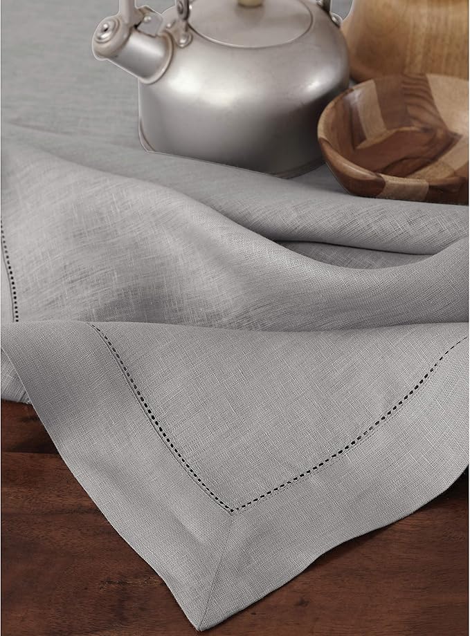 Solino Home Linen Tablecloth for Rectangle Tables 60 x 90 Inch - Classic Hemstitch 100% Pure Linen Soft Grey Table Cloth - Machine Washable Cloth Tablecloth for Fall, Autumn, Thanksgiving, Christmas