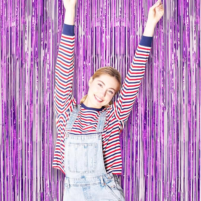 3 Pack 3.3 x 8.2 ft Laser Purple Foil Fringe Backdrop Curtains, Tinsel Streamers Birthday Party Decorations, Fringe Backdrop for Graduation, Baby Shower, Gender Reveal, Disco Party