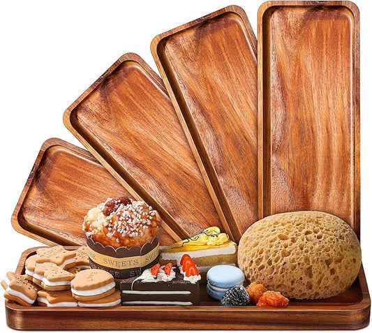Roowest 5 Pack Solid Acacia Wood Serving Trays for Laser Engraving Rectangular Wooden Board for Food Appetizer Serving Tray Plates for Vegetables Fruit Cheese Housewarming Gifts(14 x 5.5 Inch)