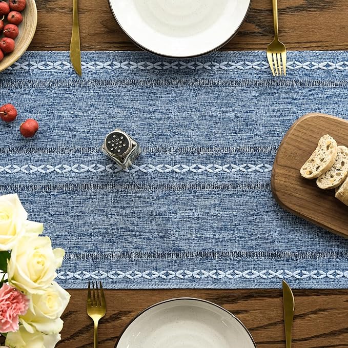 Artoid Mode Blue Rustic Cotton Linen Table Runner, Seasonal Embroidered Hollow Kitchen Dining Table Decoration for Home Party Decor 13x72 Inch