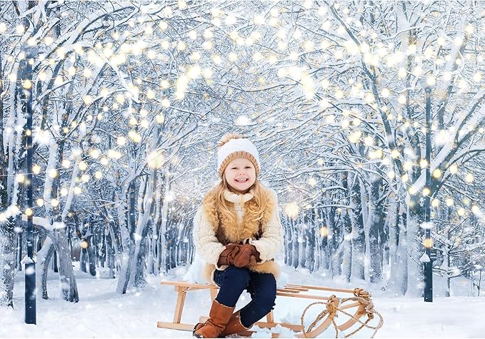 7x5FT Winter Snowy Scene Photography Backdrop Wonderland Snowflake Tree Snow Background Bokeh Glitter White Snow Forest Landscape Party Photo Booth Studio Props