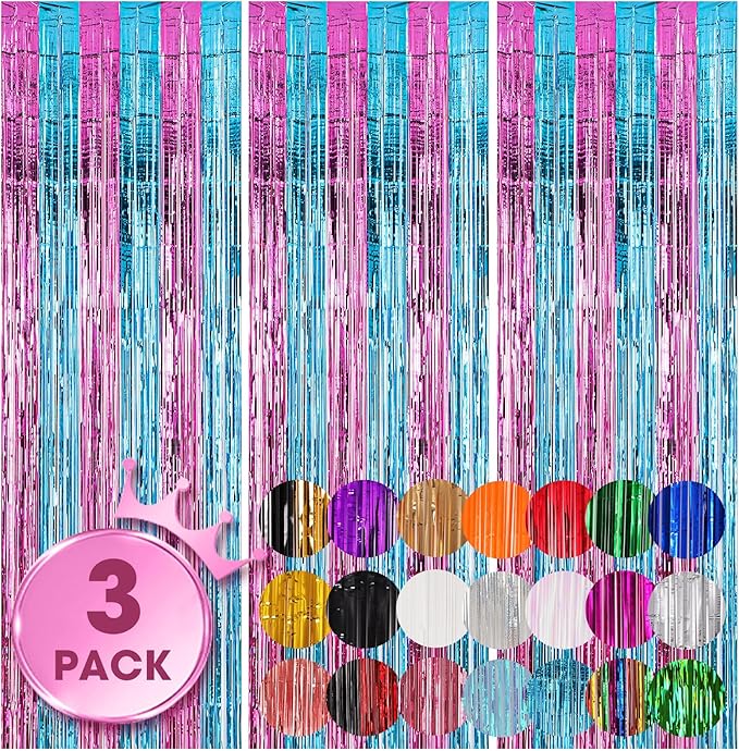 3 Pack 3.3x8.2 Feet Blue and Pink Foil Fringe Backdrop Curtains, Tinsel Streamers Birthday Party Decorations, Fringe Backdrop for Graduation, Baby Shower, Gender Reveal, Disco Party