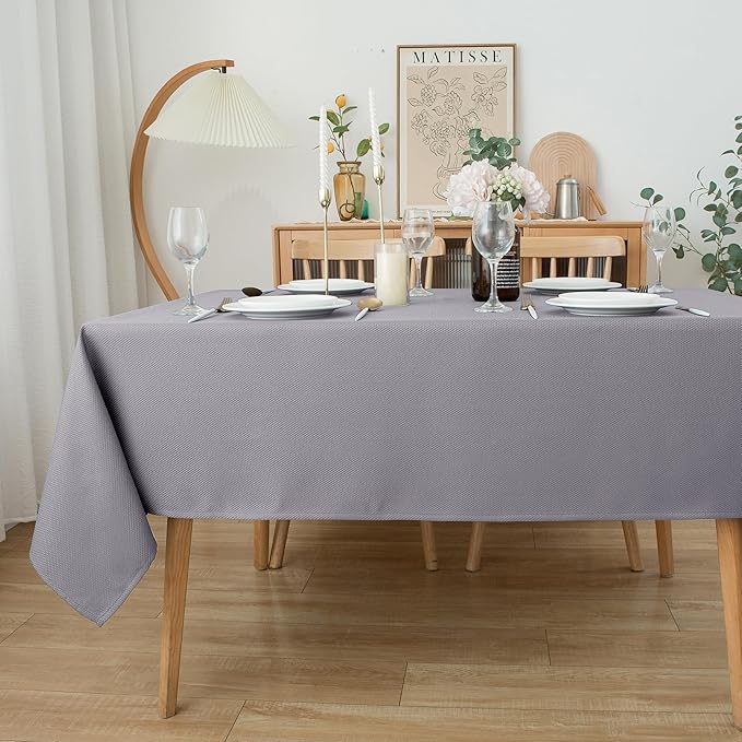 Biscaynebay Textured Fabric Tablecloths 90x156 Inches Rectangular, Silver Grey Water Resistant Spill Proof Tablecloths for Dining, Kitchen, Wedding and Parties, Machine Washable