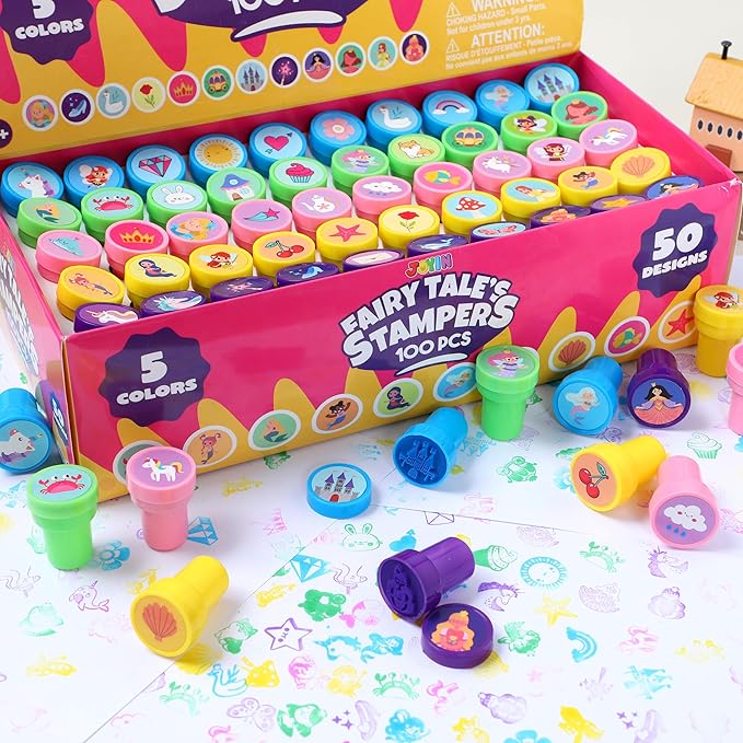 JOYIN 100PCS FairyTale's Stamps for Kids Self-Ink for Party Favor, Teacher Stamps, Kids Treasure Box, Prize for Classroom, Easter Egg Stuffers (50 Designs, Mermaid, Princess, Unicorn Stampers)