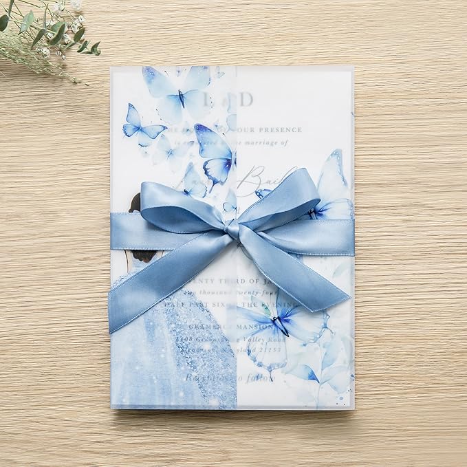 PONATIA 50 PCS Vellum Jackets for 5x7 Invitations - Vellum Paper 5x7 Jackets - 135GSM Blue Girl Butterfly Quinceanera Invitations Wraps - Transparent Cards
