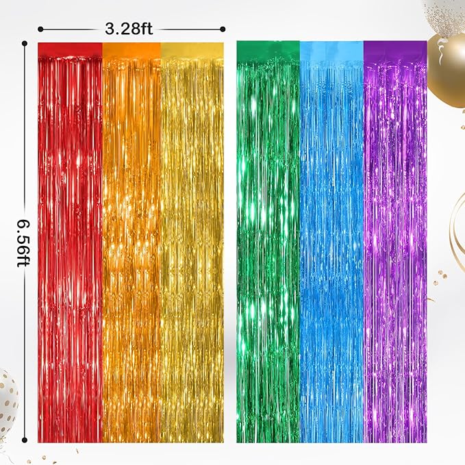 2 Pack Rainbow Metallic Tinsel Foil Fringe Curtains, Door Streamers Photo Booth Backdrop for Birthday Party, Tinsel Curtain Backdrop for Baby Shower Bachelorette Christmas Party Decorations