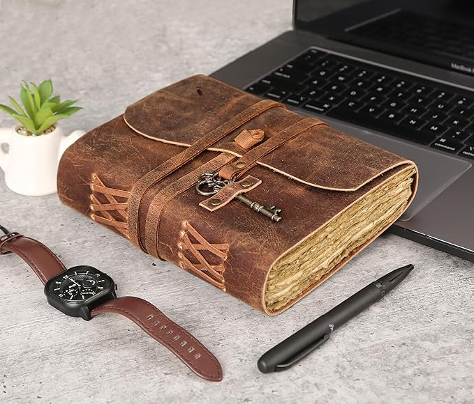 Leather Journal with Deckle Edge Paper 7x5 inch and Vintage Key | Handmade Writing Notebook Diary | Bound Daily Notepad for Men & Women Medium, Sketch/Writing pad for Artists (Brown)